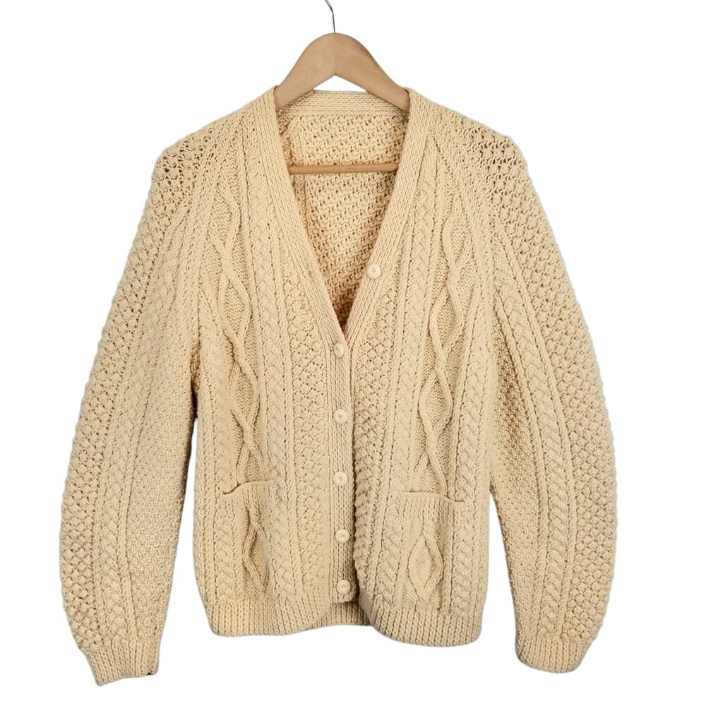 Handknit Women's Cable Knit Fisherman Cardigan Sweater Cream Size Medium - Picture 1 of 5